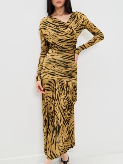 GANNI Printed Shiny Jersey Ruched Long Dress