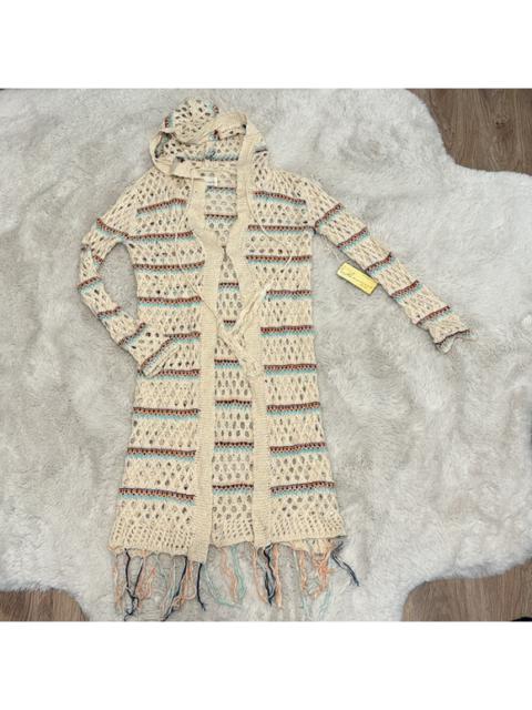 Other Designers Vintage Havana Fringe Trim Open Knit Maxi Cardigan with Hood