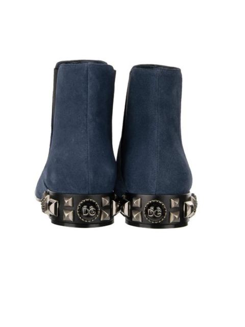 Dolce & Gabbana Suede Leather Boots NAPOLI DG Pearl Logo Studs Blue 38 8 12045