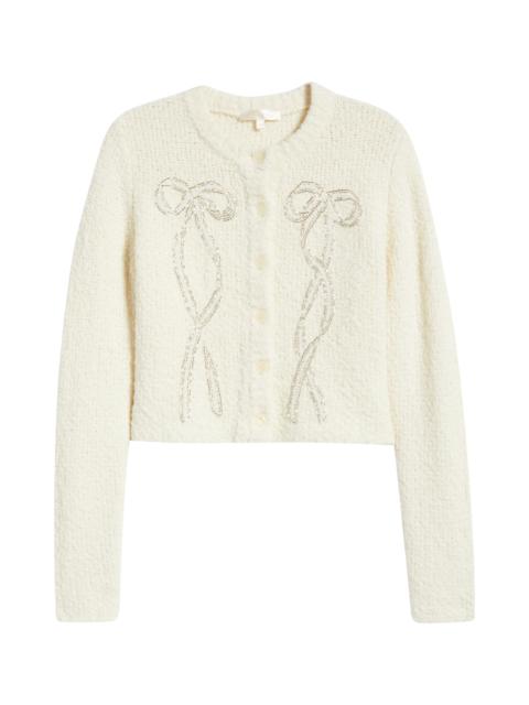 LoveShackFancy LoveShackFancy Leocadia Embellished Bow Wool Blend Cardigan in Ivory at Nordstrom