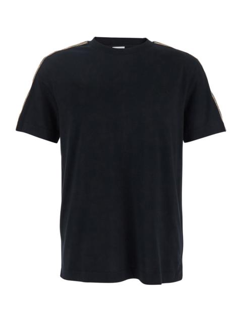 Burberry Burberry Men Black Crewneck T-Shirt With Ekd Tonal Logo Embroidery On The Front And Check Motif On T