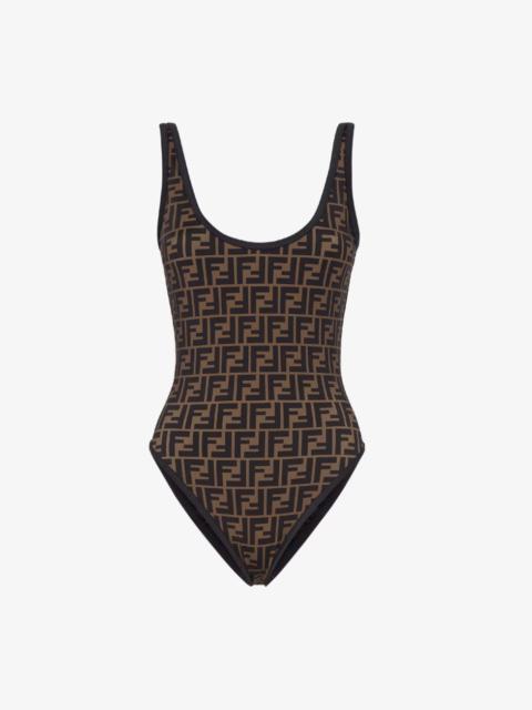 Fendi FF Brown Zucca Monogram Logo Print Reversible One Piece Swimsuit