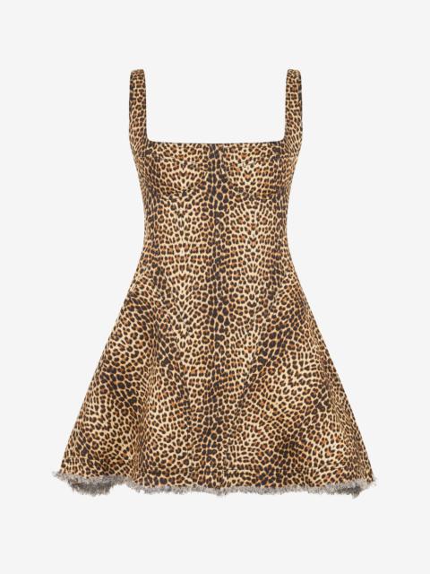 Roberto Cavalli Flared Dress with Bbay Jaguar Print and Frayed Edges