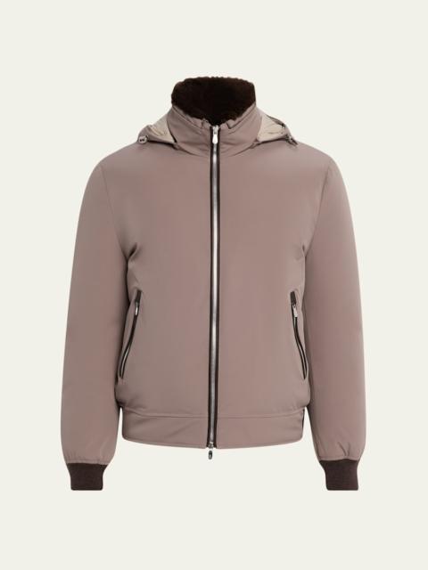 Brunello Cucinelli Men's Full-Zip Nylon and Shearling Jacket with Detachable Hood