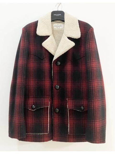 SAINT LAURENT SLP 16FW Red plaid fur collar coat 46