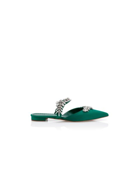 Manolo Blahnik Green Satin Crystal Embellished Flat Mules