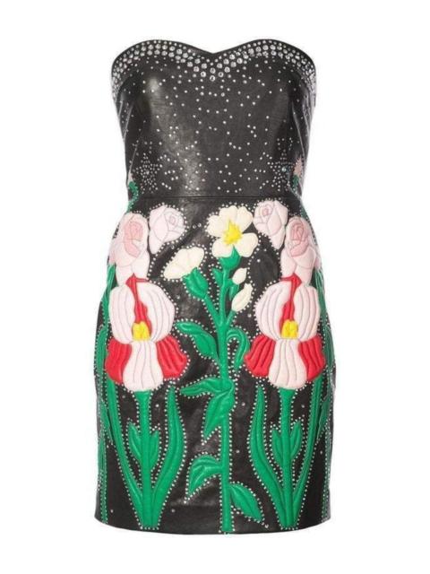 GUCCI Leather Flower Intarsia Strapless Dress
