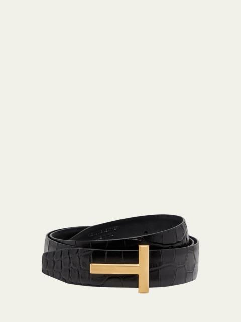 TOM FORD T Buckle Croc-Embossed Patent Belt