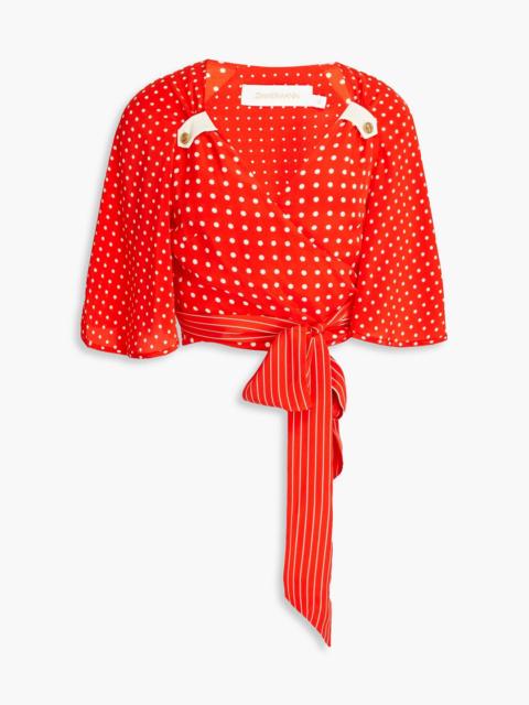 Zimmermann Cropped polka-dot silk crepe de chine wrap top