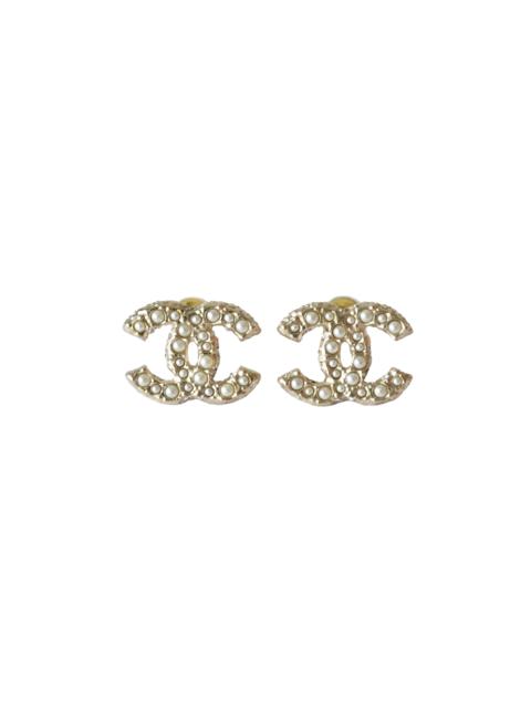 CHANEL Chanel Pearl Side Crystal Strass CC Stud Earrings Light Gold
