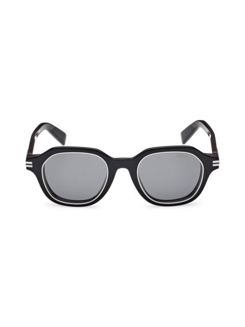 ZEGNA ZEGNA 49mm Geometric Polarized Sunglasses in Shiny Black /Smoke at Nordstrom