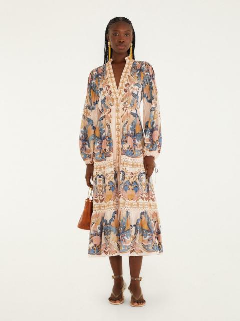 FARM RIO Soft Pink Sea Garden Scarf Pleated Midi Dress