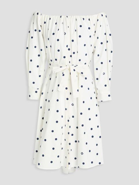 maje Off-the-shoulder polka-dot cotton-blend poplin midi dress