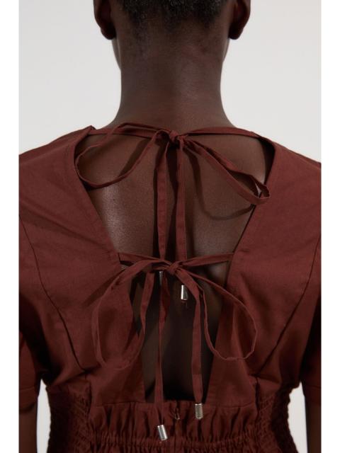 KAREN MILLEN Shirred Cotton Woven Plunge Neck Short Sleeve Top