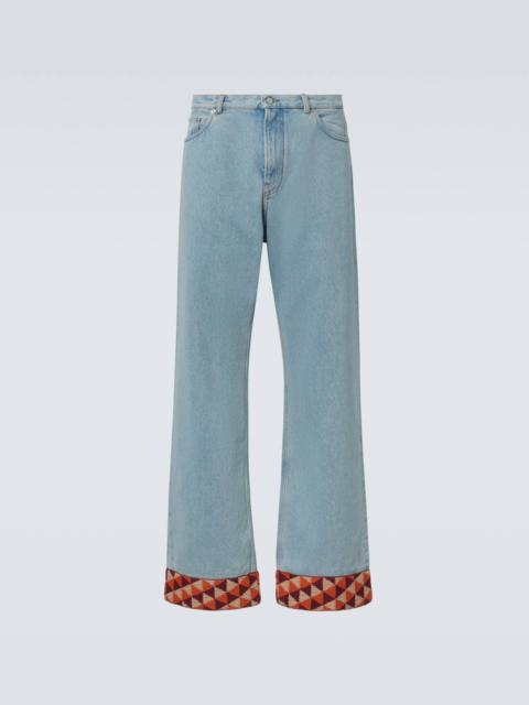 Jacquard-trimmed wide-leg jeans