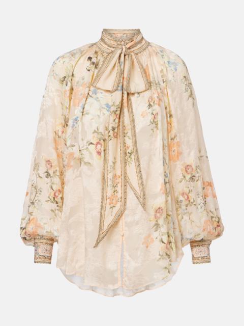 CAMILLA Embellished floral tie-neck silk-blend blouse