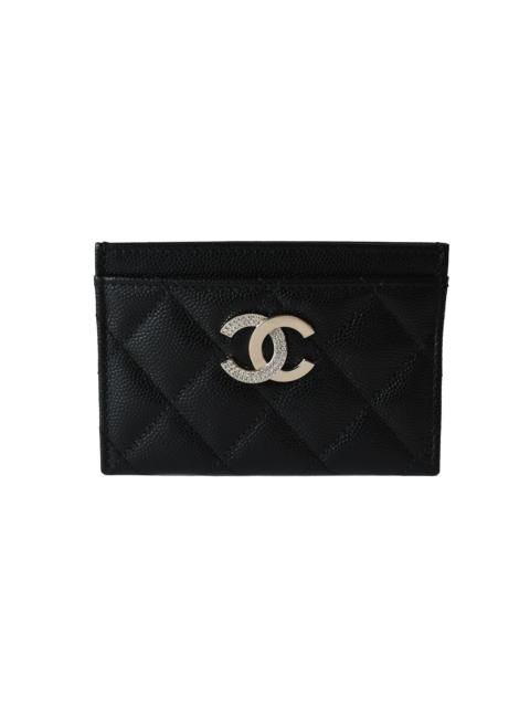 CHANEL Chanel Metal Crystal Strass CC Logo Quilted Leather Card Holder Black