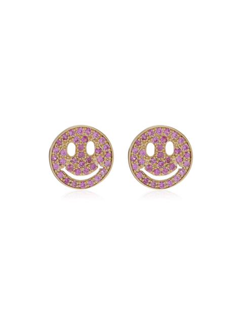 SYDNEY EVAN Happy Face 14K Yellow Gold Sapphire Earrings pink