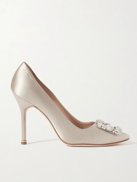Manolo Blahnik Hangisi 105 crystal-embellished satin pumps Gray
