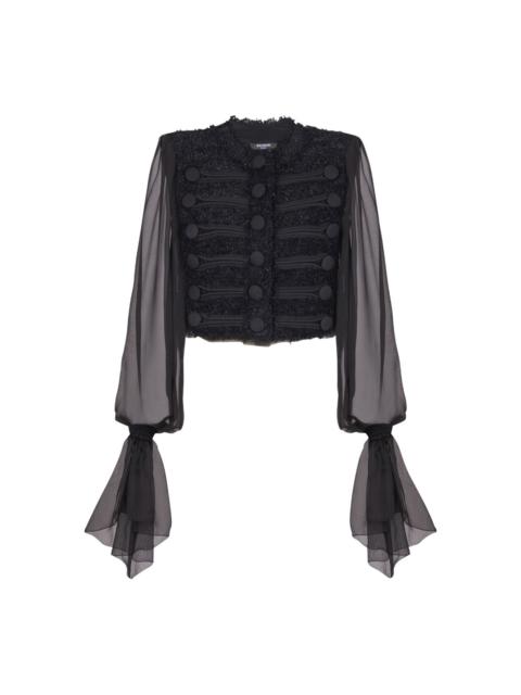 chiffon-sleeve tweed jacket