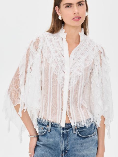 Alice + Olivia Rheba Mock Neck Button Front Lace Ruffle Sleeve Top