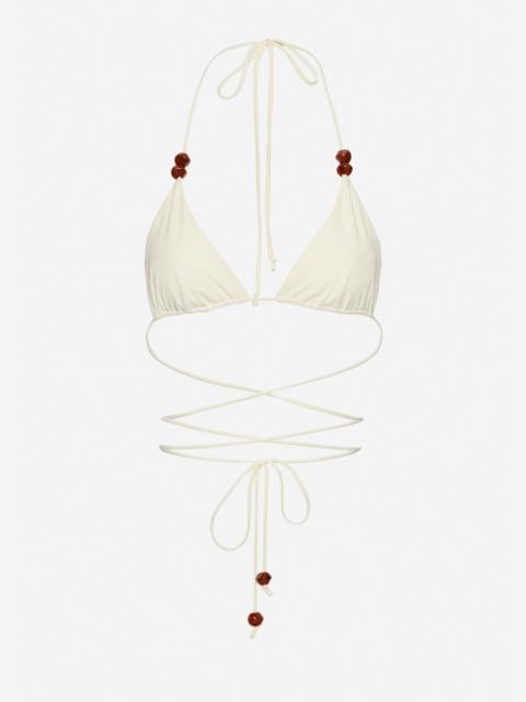 MAGDA BUTRYM Strappy triangle bikini top in cream with beads
