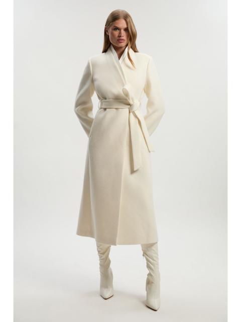 KAREN MILLEN Brushed Wool Satin Mix Belted Wrap Neck Tailored Midi Coat