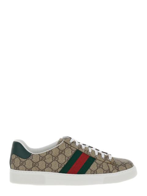 GUCCI Gucci Men 'Gucci Ace' Beige And Ebony Low Top Sneakers With Web Detail In Gg Supreme Canvas Man