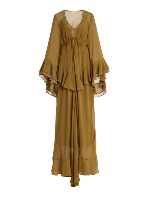 De La Vali Calypso Ruffled Georgette Maxi Dress olive