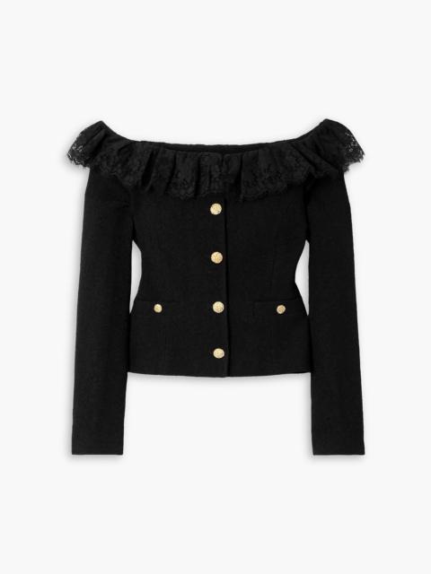 Alessandra Rich Off-the-shoulder crystal-embellished lace-trimmed wool-blend tweed jacket
