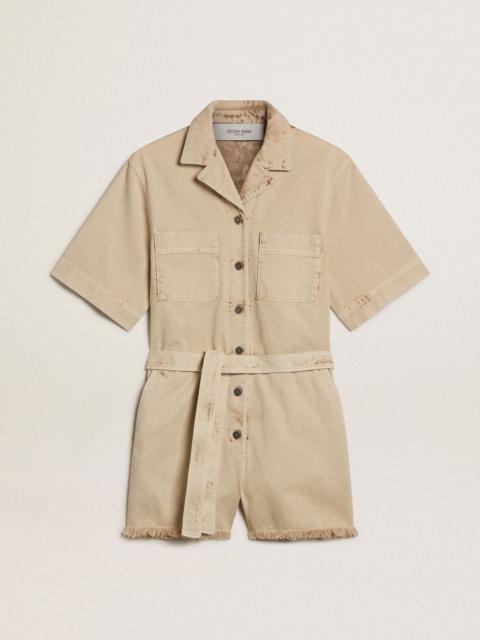Golden Goose Women's romper in beige denim with belt and frayed hem