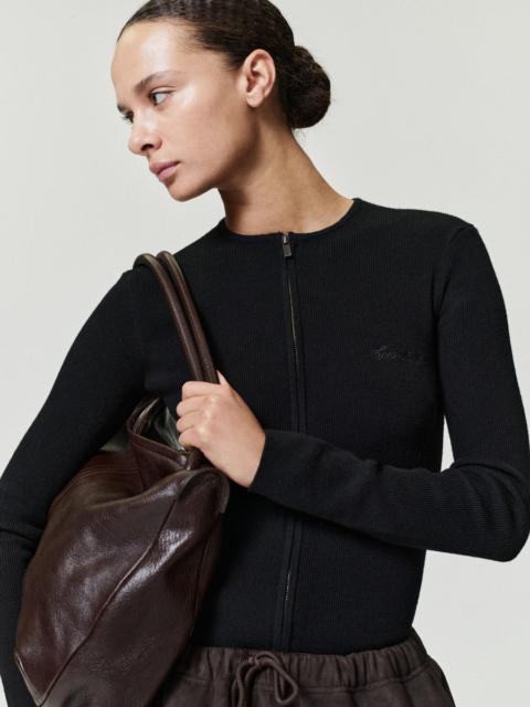 ESSENTIALS Womens Signature Rib Knit Fitted Long Sleeve Zip Up Tee