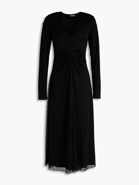 ROTATE Ruched mesh midi dress