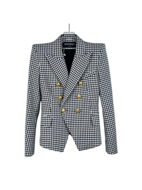 Balmain Womens Houndstooth Double-Breasted Blazer With Gold Buttons