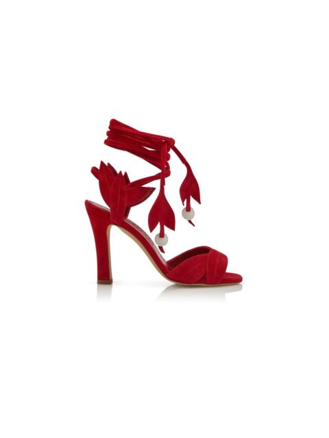 Manolo Blahnik Red Suede Lace-Up Sandals
