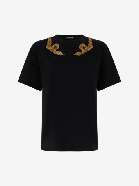 Roberto Cavalli Black T-Shirt with Snake Embroidery