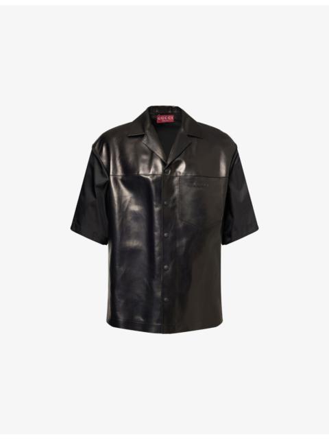 GUCCI Logo-Embroidered Short-Sleeve Leather and Woven Polo Shirt