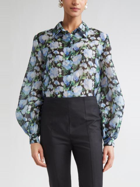 CAROLINA HERRERA Carolina Herrera Peony Print Silk Organza Button-Up Shirt in Blue Multi at Nordstrom