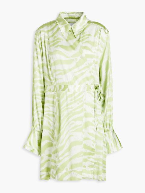 GANNI Tiger-print silk-blend satin mini wrap dress