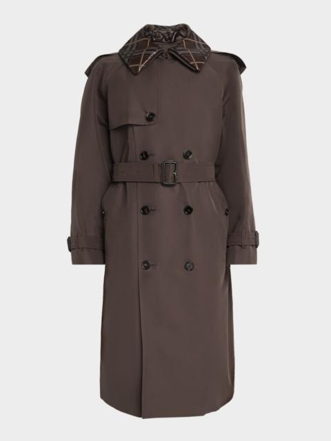Burberry Men's Leather-Check Collar Silk and Cotton Trench Coat