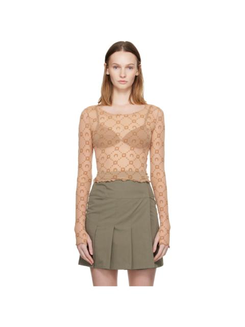 Marine Serre Tan Moonogram Mesh Flock LS Cropped Top