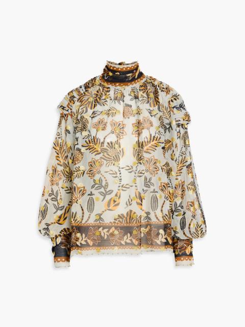 FARM RIO Open-back floral-print metallic fil-coupé chiffon blouse