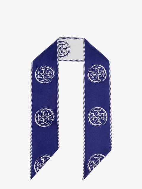 TORY BURCH Tory Burch Medallion Logo Ribbon Silk Tie Blue