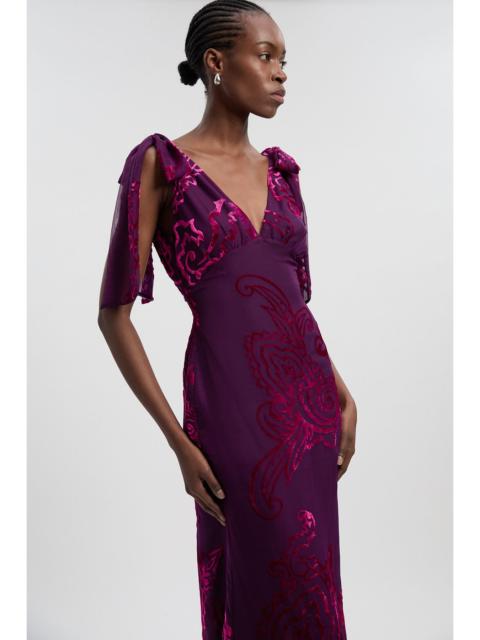 KAREN MILLEN Paisley Devore Plunge Woven Midi Dress
