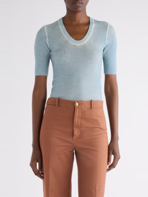 Chloé Chloé Pointelle Stitch Short Sleeve Merino Wool Blend Sweater in Cloudless Blue at Nordstrom