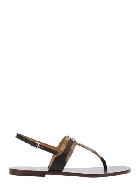 GUCCI Gucci Women 'Kira' Beige Thong Sandals With Web Detail And Gg Plaque On The Front In Gg Canvas And L