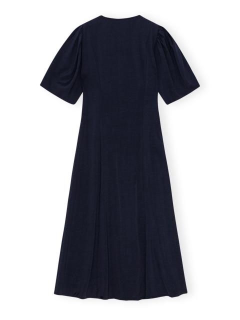 GANNI NAVY BLUE VISCOSE TWILL WRAP MIDI DRESS