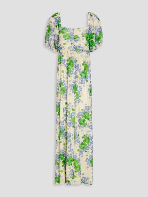 GANNI Ruched floral-print stretch-mesh maxi dress