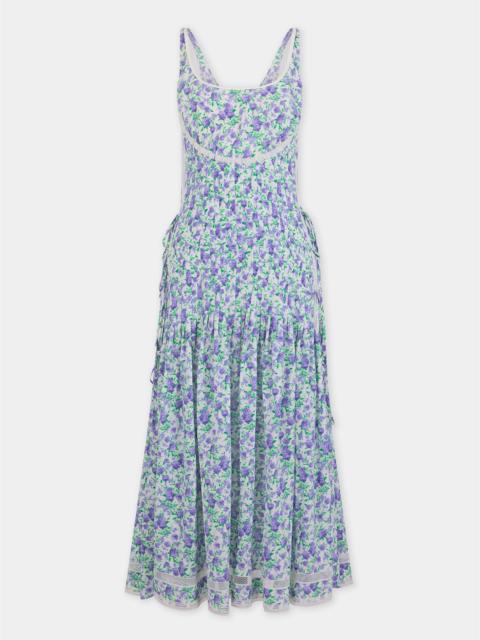 rabanne MIDI DRESS IN BLUE LIBERTY-PRINTED VISCOSE CREPE WITH LACE AND BOW DETAILS