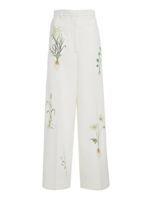 Stella McCartney Embroidered Stretch-Wool Wide-Leg Pants ivory